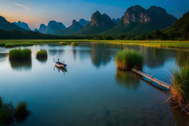 a boat is on a lake with mountains in the background.