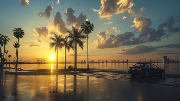 a boat is parked in front of a sunset