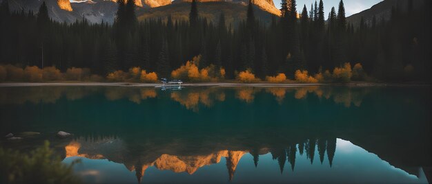 a boat is reflected in a lake with trees in the background.