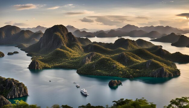 Photo a boat is sailing in a bay with mountains in the background