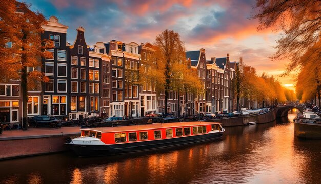 Photo a boat is sailing down a canal with a sunset in the background