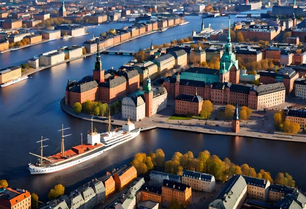 Photo a boat is sailing down the river in a city