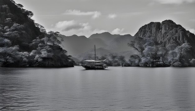 Photo a boat is sailing on a lake with mountains in the background