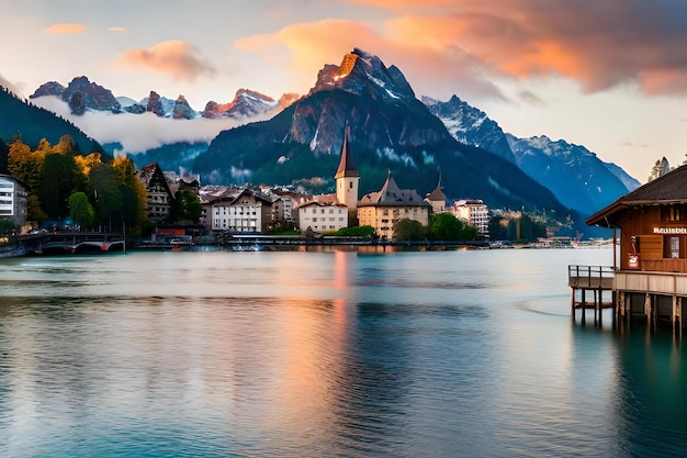 A boat is sailing in a lake with mountains in the background