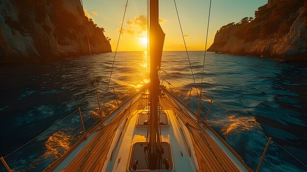 Photo a boat is sailing on the ocean during a sunset the water is blue and calm and there are white clif