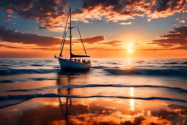 Photo a boat is sailing in the ocean at sunset.