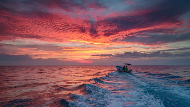 Foto una barca sta navigando nell'oceano con il sole che tramonta dietro di lei