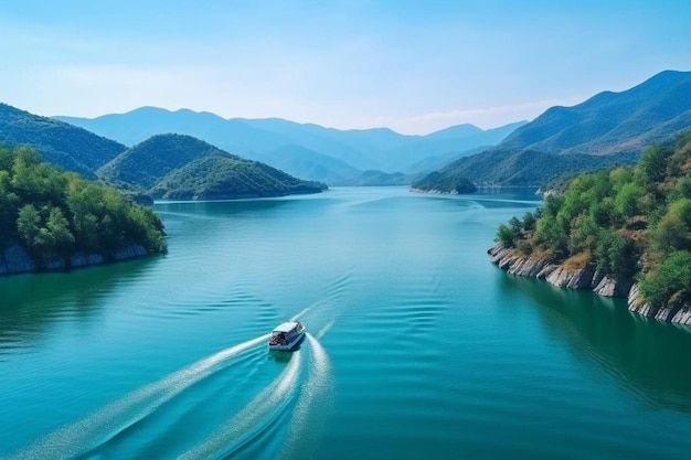 Photo a boat is sailing on a river in the mountains