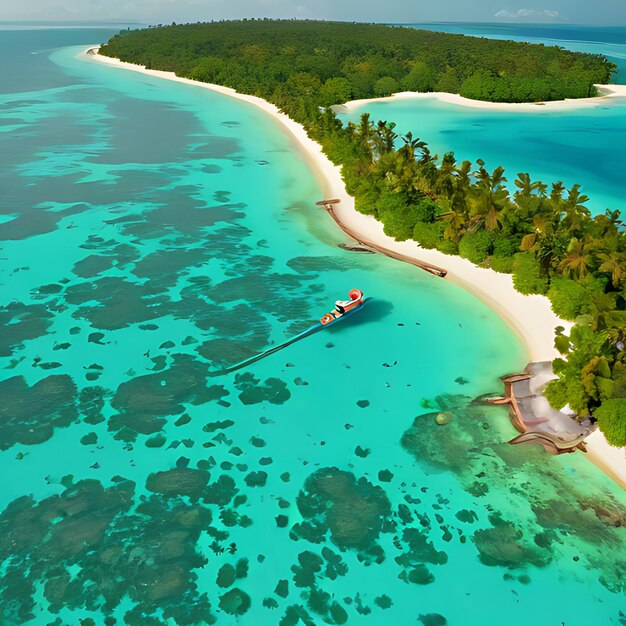 Photo a boat is sailing in the water near a beach and palm trees