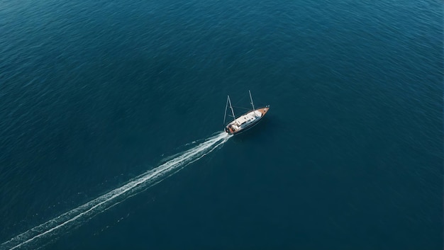 a boat is sailing in the water with a wake behind it