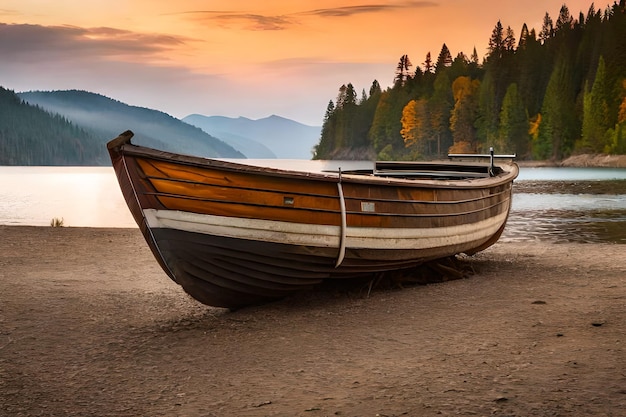 a boat is on the shore of a lake with mountains in the background.