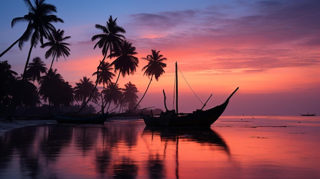 a boat is sitting on the beach at sunset