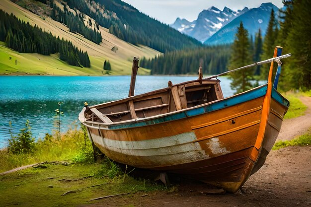 A boat is sitting on the shore of a lake.