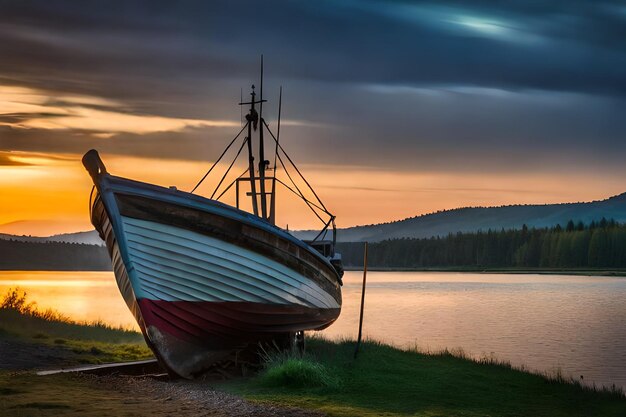 a boat is sitting on the shore of a lake.