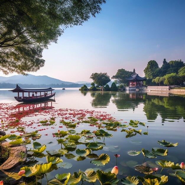Photo a boat is sitting on the water in front of a lake with lotus flowers.