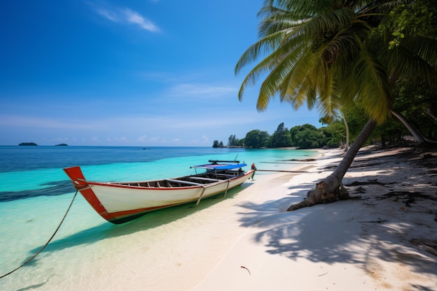 a boat is tied to a tree on a beach