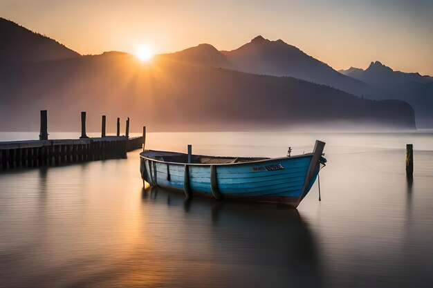 A boat is tied up on a lake with the sun setting behind it