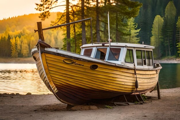 Photo a boat is tied up on the shore of a lake.