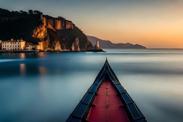 a boat is in the water and the cliffs are visible at sunset.