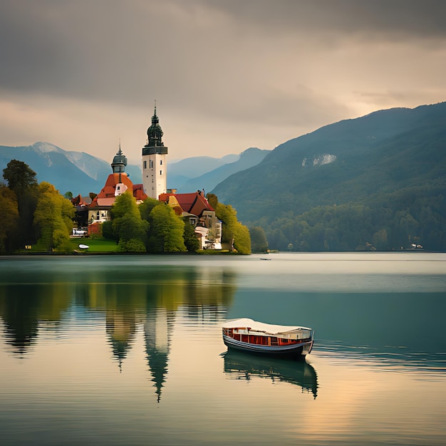 a boat is on the water in front of a mountain