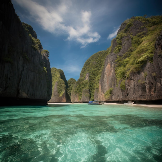 A boat is in the water near a beach