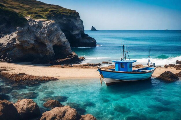 Photo a boat is on the water near a cliff