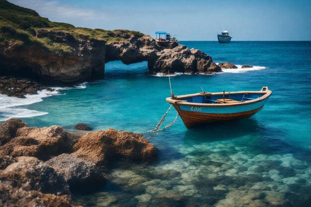 Photo a boat is in the water near a rock formation