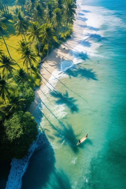 a boat is in the water and a palm tree is in the foreground