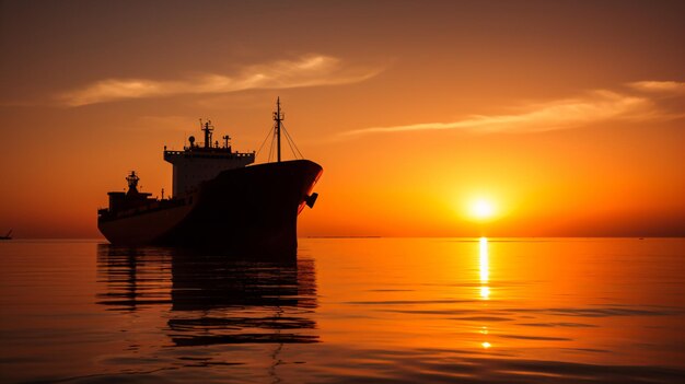 a boat is in the water at sunset