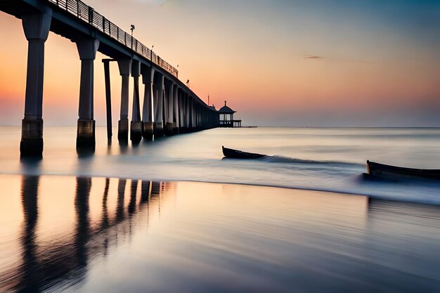 Foto una barca è in acqua al tramonto.