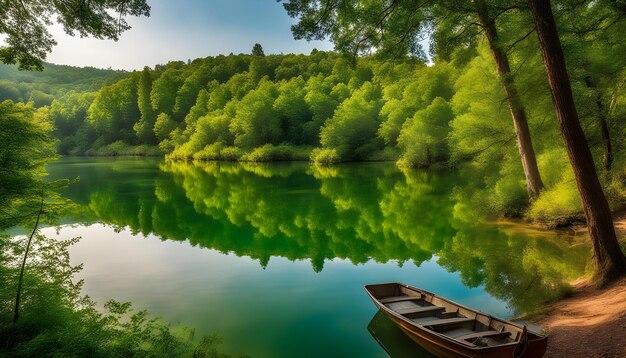 a boat is on the water with a forest in the background