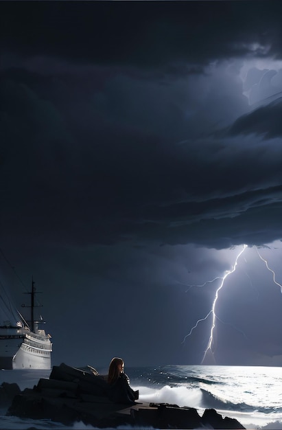 a boat is in the water with a lightning bolt in the sky