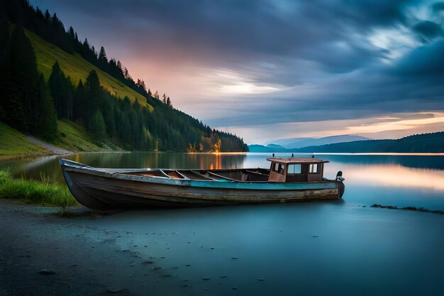 a boat is on the water with a mountain backdrop.