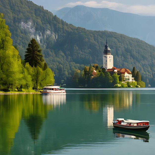 Photo a boat is on the water with a mountain in the background