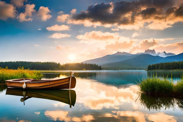 a boat is on the water with a mountain in the background