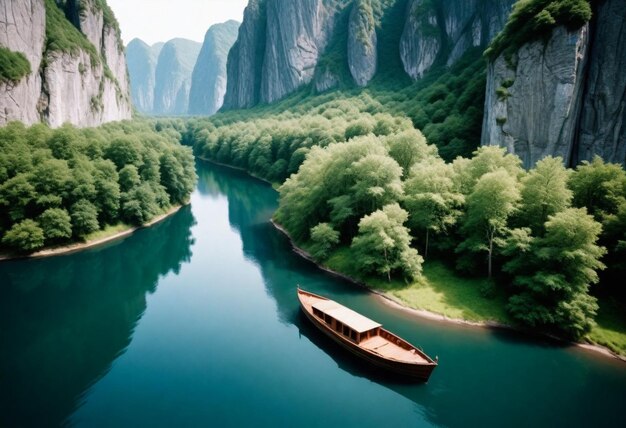 a boat is on the water with a mountain in the background