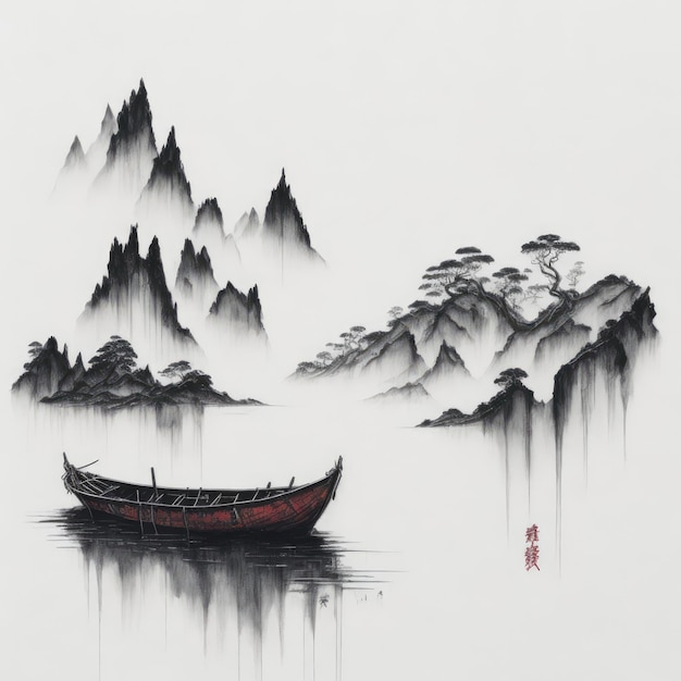 A boat is on the water with mountains in the background.