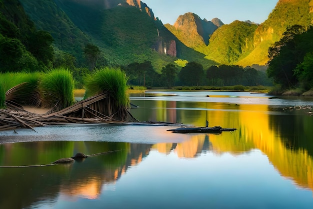 A boat is on the water with mountains in the background