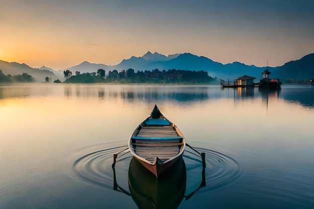 A boat is on the water with mountains in the background.