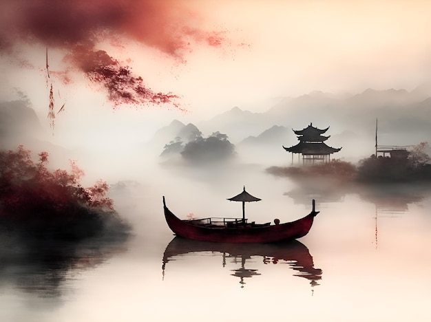 A boat is on the water with a red sky in the background.