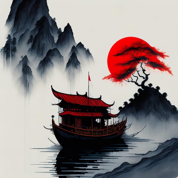 A boat is on the water with a red sun behind it.