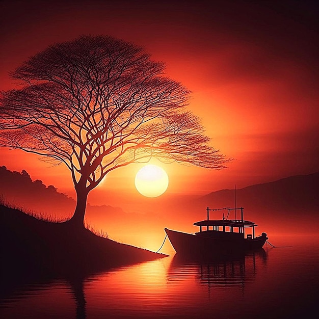 船が赤い日没で水面に浮かんでいる