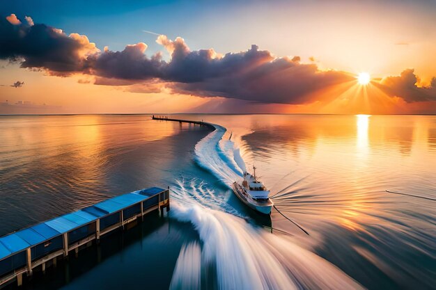 a boat is in the water with the sun setting behind it