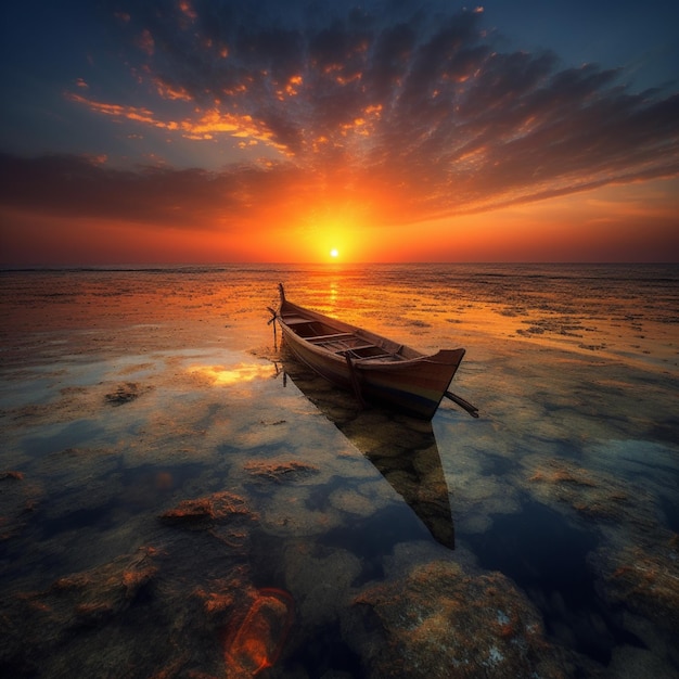 A boat is on the water with the sun setting behind it.