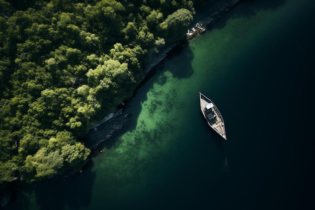 Photo a boat is on the water with trees in the background