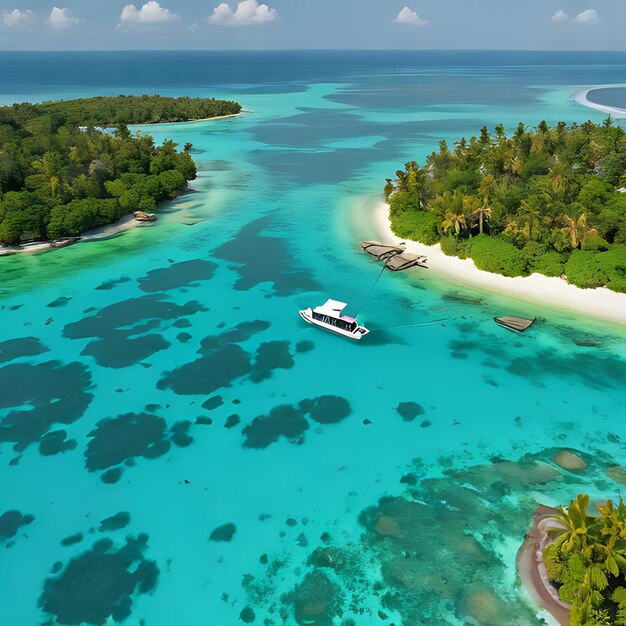 Photo a boat is in the water with trees and a beach in the background