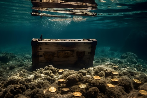 A boat is under water and the word treasure is visible on the bottom.