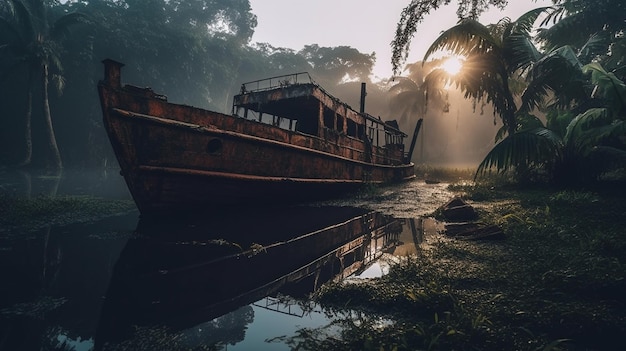 A boat in the jungle with the sun setting behind it