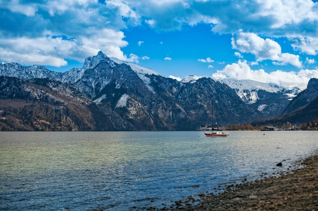 Boat on the lake in Austrian Alps.