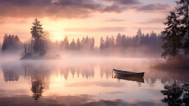 a boat on a lake in the morning